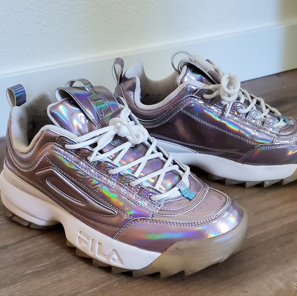 fila metallic holo disruptor women's 10